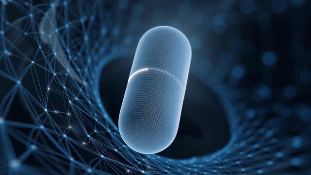 A pill is shown in a spiral pattern. The pill is blue. Close-up active targeting AI guidance metaphor visualized as floating subtle vector field around capsule, targeted drug delivery