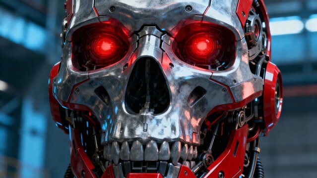Robotic skull with glowing red eyes and metallic features in a futuristic setting - Powered by Adobe