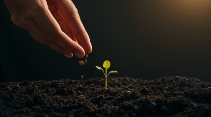 A human hand with delicate fingers and warm skin tone releasing seeds into dark, moist soil with visible texture, a single golden sprout with tender leaves rises from the darkness