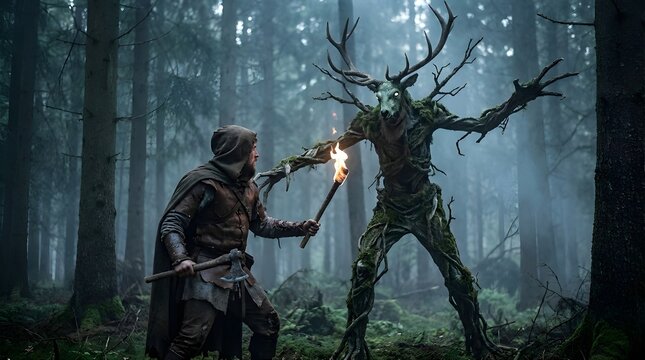  Medieval warrior fighting a leshen - very tall, abnormally skinny being with deer antlers 
