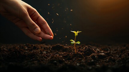 A human hand with delicate fingers and warm skin tone releasing seeds into dark, moist soil with visible texture, a single golden sprout with tender leaves rises from the darkness