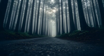 Low angle view of an asphalt road leading through a dark spooky pine tree forest with misty fog