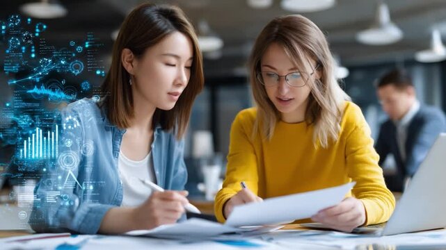 Focused Analysis: Two professionals, immersed in a study of data analysis, are examining financial reports. Digital graphics overlaid evoke a sense of innovation and technological advancement. 