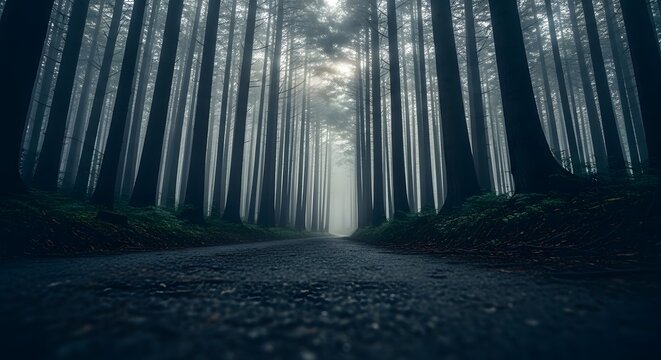 Low angle view of an asphalt road leading through a dark spooky pine tree forest with misty fog - Powered by Adobe