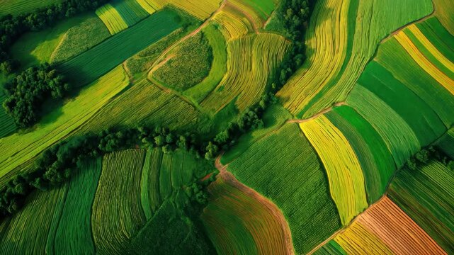 Rolling green fields display vibrant patterns of farmland in sunny weather