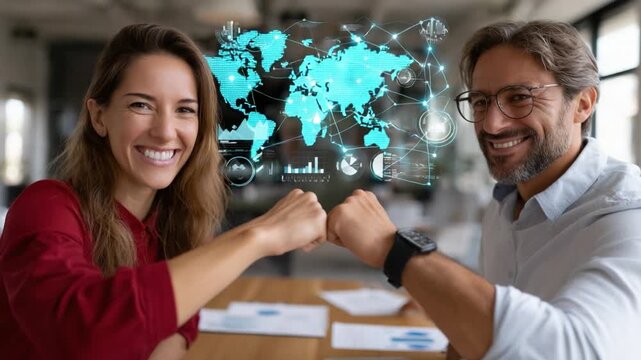 Global Partnership: Two business professionals in collaborative action. they create global network, creating innovation