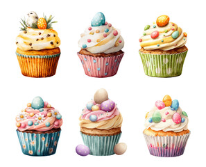 Easter dessert collection featuring cupcakes with dripping cream, chocolate eggs, sprinkles, and sugary treats in watercolor style.
