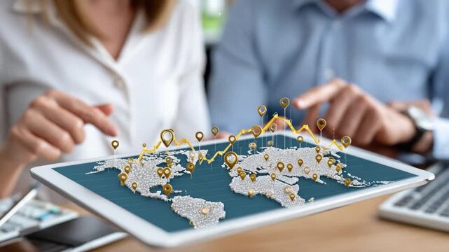 World Strategy on Tablet: An innovative perspective of global strategy is revealed as a man and woman use tablet to discuss plan, incorporating world map and marker