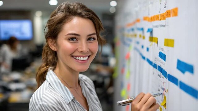 Strategic Vision: A professional woman focused intently on a whiteboard, meticulously planning for future success. This image exudes intelligence and determination.