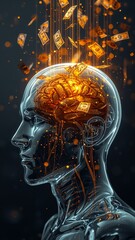 Vertical banner, wallpaper for social media of human head made of transparent glass, with streams of golden money and light flowing through the brain, symbolizing cash flow