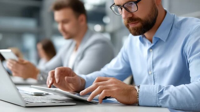 Concentration in the Office: A focused professional, wearing glasses and a crisp shirt, diligently works on a laptop, while a blurred background hints at a collaborative workspace.