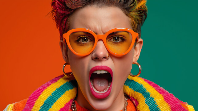 Close up of joyful woman with colorful hair, sunglasses, neon jacket, and playful style, laughing in fashion photography setting