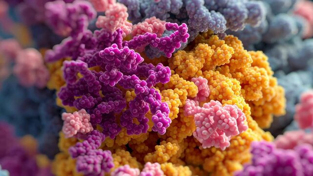 A bunch of colorful flowers. The flowers are pink, yellow, and blue. Close-up antibody cluster engaging only relevant antigen surfaces, high clinical fidelity, monoclonal antibody therapy