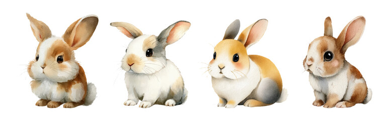 Watercolor set of cute rabbits. Fluffy white and red baby rabbits hand-drawn in watercolor. Cute eared animals. Symbols of Easter, children's designs, etc. Vector illustration.