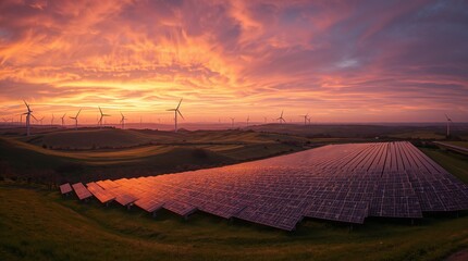 A vast solar farm stretches across the foreground at sunset, with rows of gleaming photovoltaic panels, while wind turbines stand tall in the background, set against lush green hills