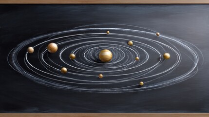 A cosmic illustration depicting the solar system with planets orbiting around the sun, illustrated on a black chalkboard background.
