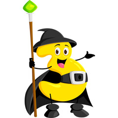 Yellow Number Six Character Dressed as a Wizard Holding a Staff with a Green Gem Wearing a Black Cape and Pointed Hat Expressing Joy