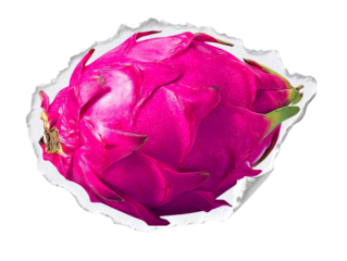 Vibrant dragon fruit with torn paper edge on a transparent background