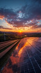 Vertical banner, wallpaper for social media of vast solar farm stretches across the foreground at sunset, with rows of gleaming photovoltaic panels, while wind turbines stand tall in the background
