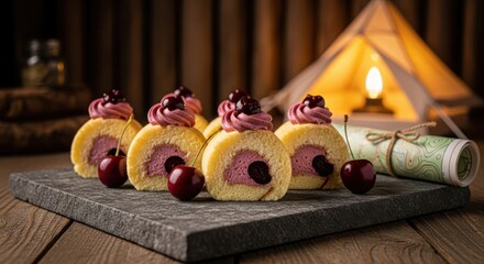 Japaneese cheesecake Four slices of delicious cherry Swiss roll cake with pink cream topping and fresh cherries served on a dark slate board in a camping setting.