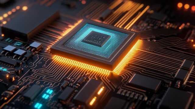 Futuristic close-up of a computer chip with glowing circuitry for technology enthusiasts