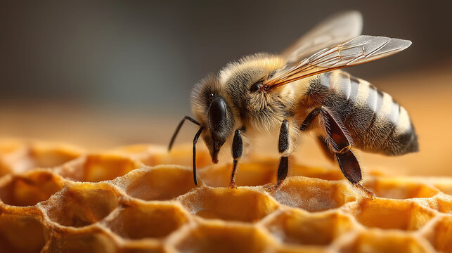 European honey bee on healthy wax honeycomb