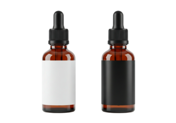 Two amber glass dropper bottles with white and black labels on a transparent background, perfect for product mockups