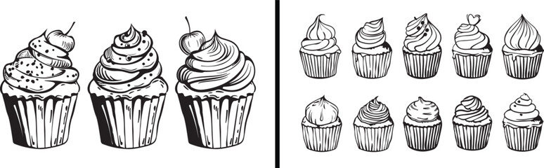 Cupcake Illustration Art, Dessert Line Drawing, Hand Drawn Cupcake Vector, Sweet Food Artwork, Minimal Bakery Design, Black and White Dessert Art, Creative Cupcake Illustration, Elegant Cake Design, M