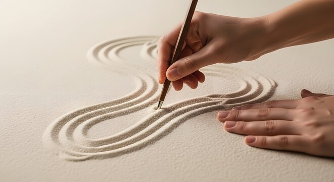 Close up of hand using a wooden rake to create calming wave patterns in a Japanese zen garden sand for meditation - Powered by Adobe
