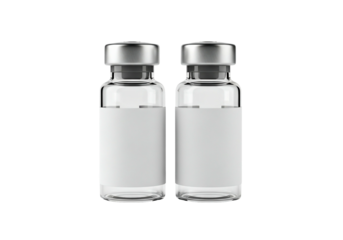 Two transparent vials with blank labels on a white background, ideal for medical or scientific concepts