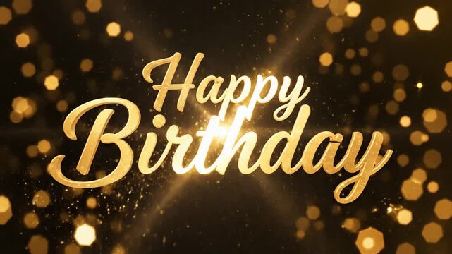 Golden Happy Birthday text with sparkling bokeh lights on a dark background, perfect for celebrations.