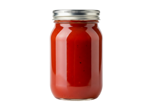 A clear glass mason jar filled with vibrant red tomato sauce, isolated on a transparent background, perfect for culinary presentations
