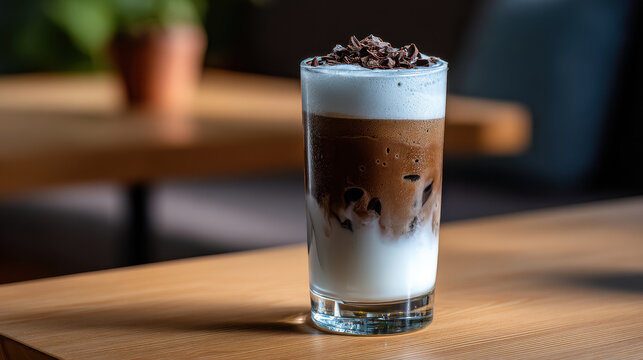 Iced chocolate drink with milk and foam topped with chocolate shavings in clear glass on wooden table in cozy setting