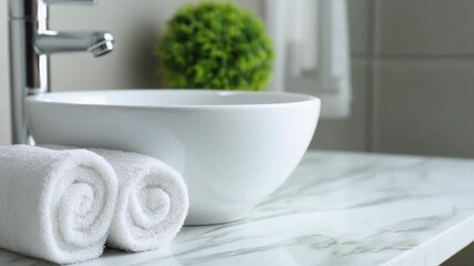 Modern bathroom decor featuring a sleek bowl sink and rolled towels for a spa-like atmosphere