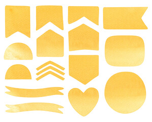 A collection of hand-painted Yellow Watercolor Shapes Set – Abstract Hand-Painted Design Elements isolated on a white background
