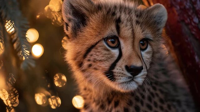 A baby cheetah is looking at the camera. It is a very cute animal. Cheetah cub close-up with warm christmas colors