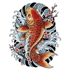 A detailed koi fish illustration in tattoo style with flowing lines, vibrant colors, and ornamental elements.