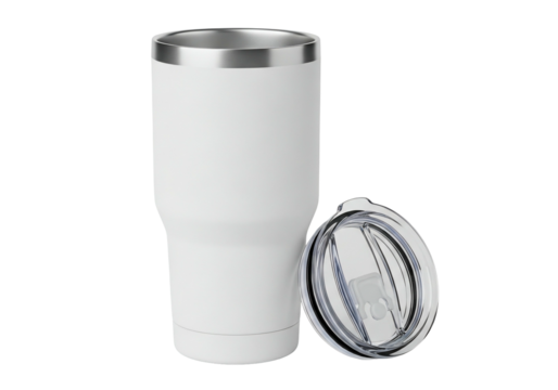 High-quality insulated tumbler with a transparent lid and a clean white finish, isolated on a transparent background