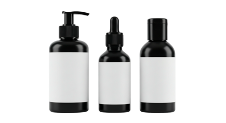 Three black cosmetic bottles with white labels isolated on a transparent background, perfect for product mockups and branding
