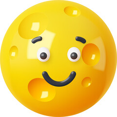Yellow smiley face cheese character with happy expression and big eyes in a 3D render with bright lighting and a clean transparent background