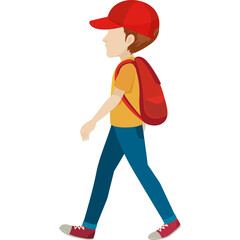 Young Boy With Red Cap Backpack And Blue Jeans Walking In Profile View On A Transparent Background