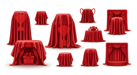 Red cloth covered objects, various shapes and sizes, on white background.