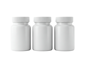 Three white pill bottles in a row isolated on a clean transparent background