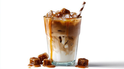 Iced coffee caramel drink with milk and ice cubes in glass with striped straw, refreshing and sweet