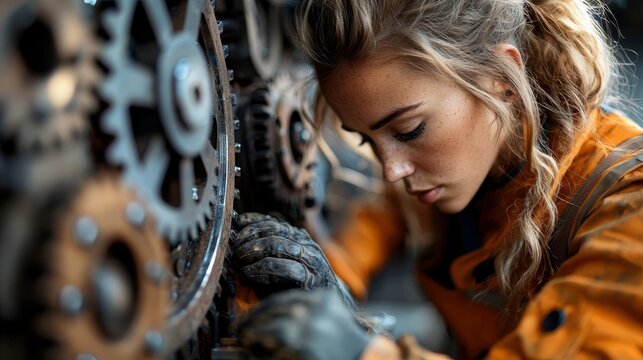 A young adult woman wearing orange overalls and work gloves is focused on repairing intricate metal gears in a workshop. The scene is illuminated with warm, dra
