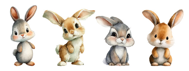 Watercolor cartoon bunny set with adorable poses — cute Easter rabbit characters in spring colors. Pet hare illustrations featuring baby animals, brown and white fur, isolated on background. © Narin