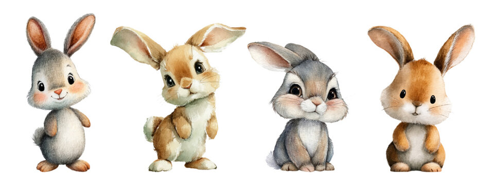 Watercolor cartoon bunny set with adorable poses &mdash; cute Easter rabbit characters in spring colors. Pet hare illustrations featuring baby animals, brown and white fur, isolated on background.
