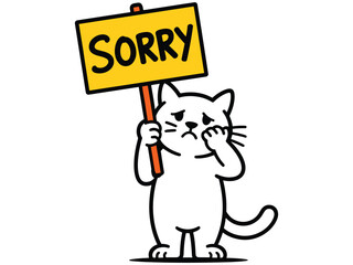 A sad white cat holding a "SORRY" sign, with a tear rolling down its cheek, conveying a sense of apology and remorse.