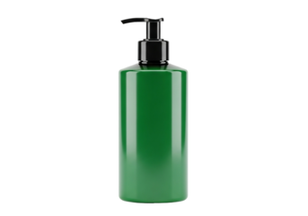 Shiny green liquid soap dispenser with pump isolated on transparent background