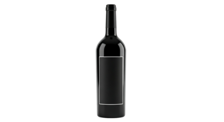 A sleek black wine bottle with a blank label, isolated on a transparent background, perfect for product mockups and design projects